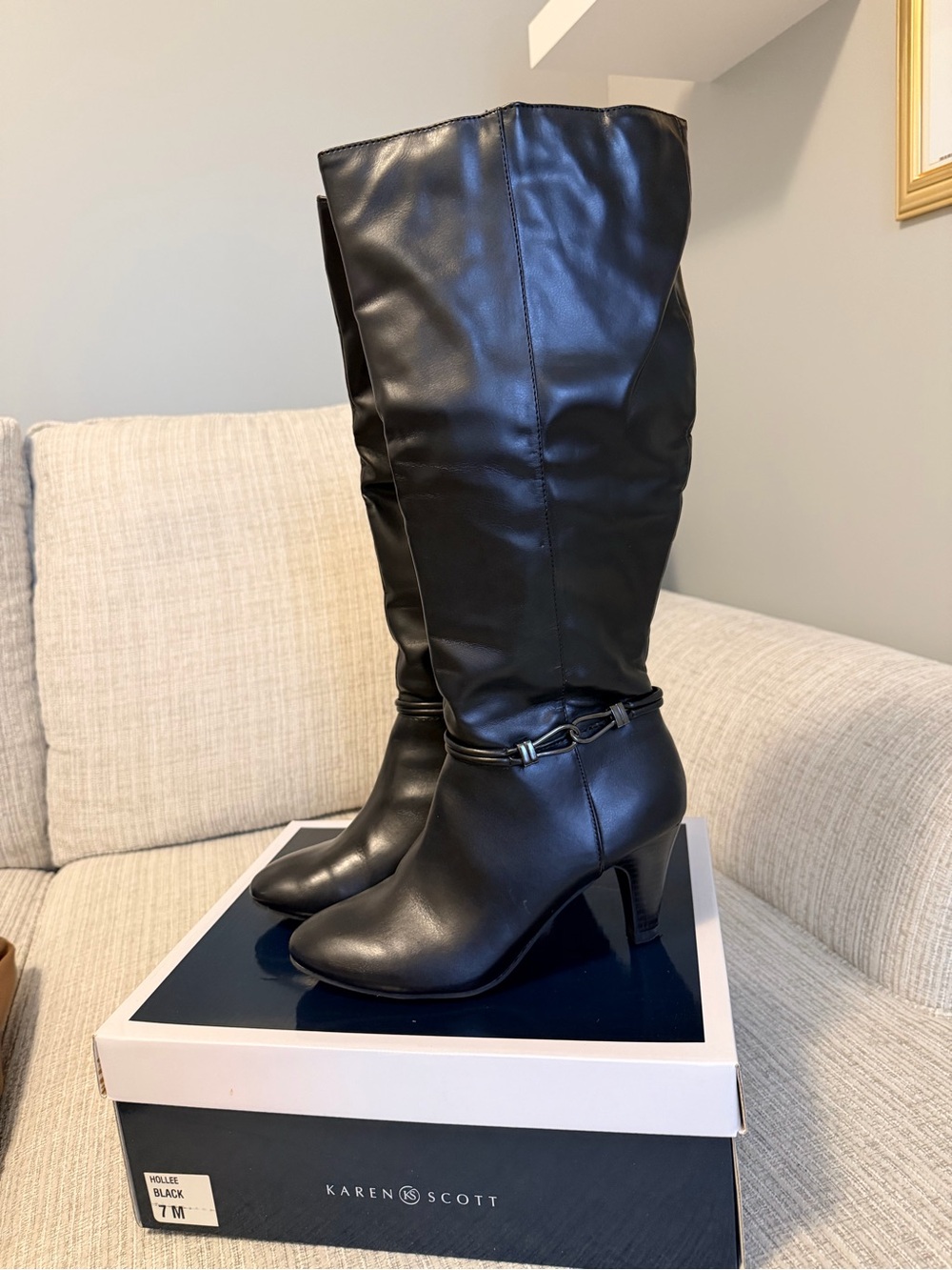 Karen Scott Black Knee-High Heeled Boots with Decorative Strap